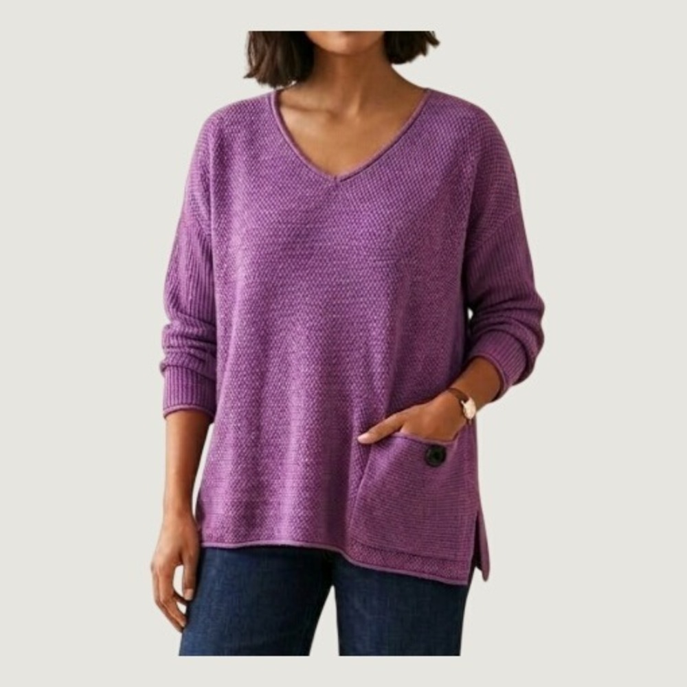 Habitat Purple Cotton V-Neck Textured Knit Sweater Button Pocket XL 83013